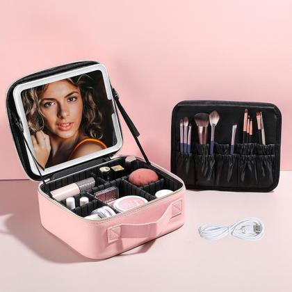 Imagem de Maleta Maquiagem Completa Profissional Com Espelho e Luz de Led, Blogueira, Cor Rosa