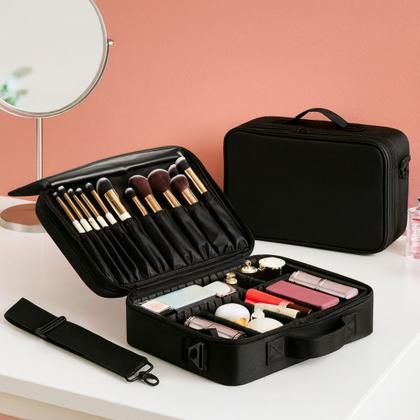 Imagem de Maleta Organizadora de Maquiagem Profissional Preta com Alça e Divisórias Ajustáveis p Pincéis e Cosméticos
