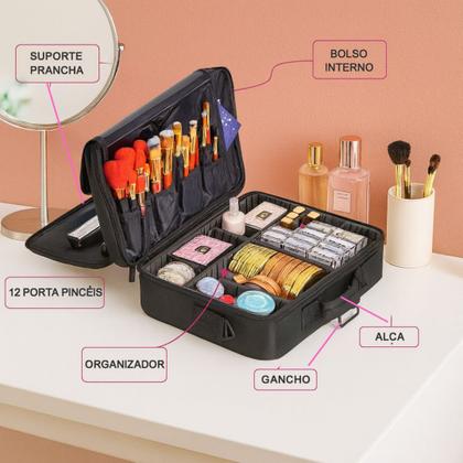 Imagem de Maleta Organizadora de Maquiagem Profissional Preta com Alça e Divisórias Ajustáveis p Pincéis e Cosméticos