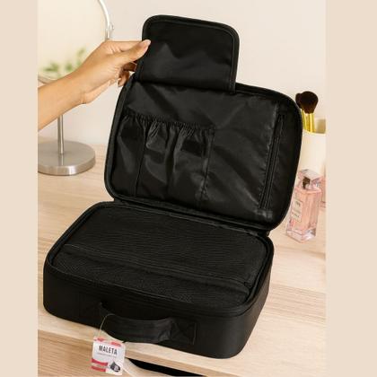 Imagem de Maleta Organizadora de Maquiagem Profissional Preta com Alça e Divisórias Ajustáveis p Pincéis e Cosméticos
