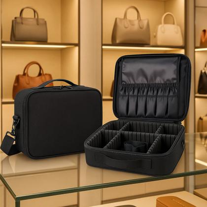 Imagem de Maleta Organizadora de Maquiagem Profissional Preta com Alça e Divisórias Ajustáveis p Pincéis e Cosméticos