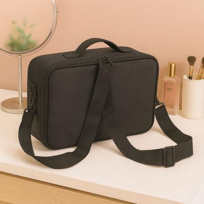 Imagem de Maleta Organizadora de Maquiagem Profissional Preta com Alça e Divisórias Ajustáveis p Pincéis e Cosméticos
