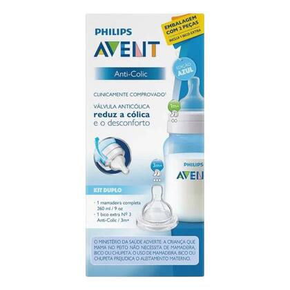 Imagem de Mamadeira 260ml Anti-Colic Avent Classic + Bico Extra Nº 3 Azul para Bebê Menino