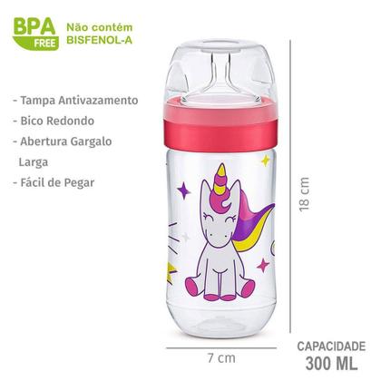 Imagem de Mamadeira Babe 300ml Lillo Evolution Unicórnio Magia com Medidas