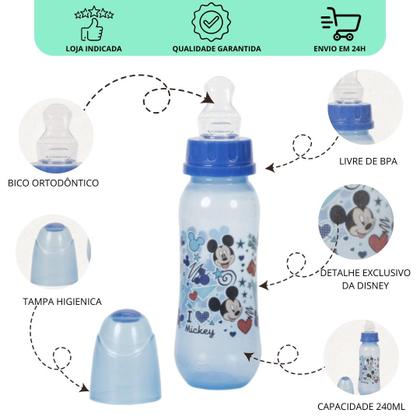 Imagem de Mamadeira infantil 240ml Disney Bico Macio ortodontico com Tampa Higiênica e anel de vedação Mickey