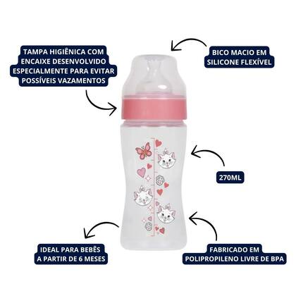Imagem de Mamadeira Wide Neck com Tampa Higiênica Gatinha Marie 270ml Disney BabyGo