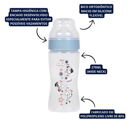 Imagem de Mamadeira Wide Neck Ortodôntica Bico Macio 270ml Azul 101 Dálmatas