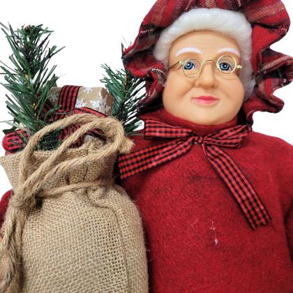 Mamãe Noel Decorativa Gigante 80cm Avental Xadrez e Saco de