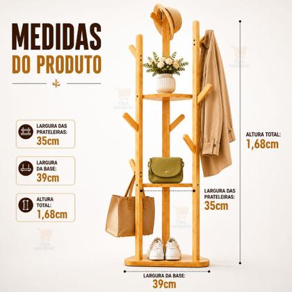 Imagem de Mancebo Cabideiro de Chão Bambu Suporte Organizador Arara Roupas Prateleira