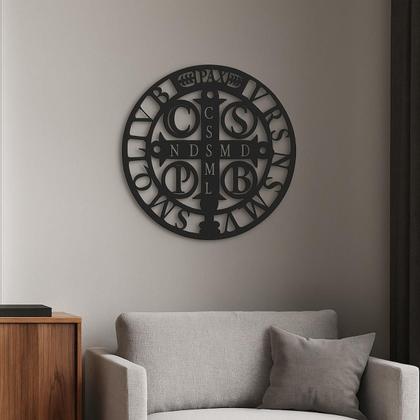 Imagem de Mandala Adorno Cruz de São Bento Medalha Madeira Preto 30cm