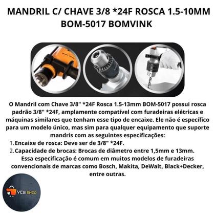 Imagem de Mandril c/ chave furadeira 3/8 *24f rosca 1.5-13mm bom-5017 - BOMVINK