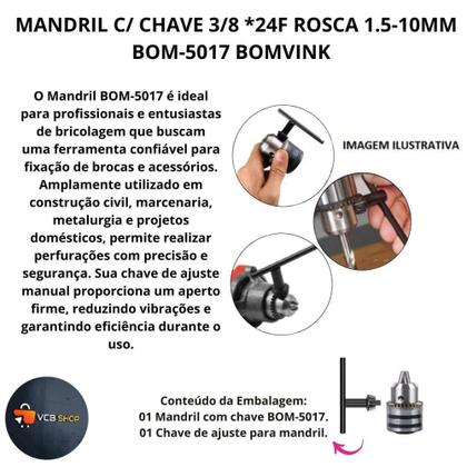 Imagem de Mandril c/ chave furadeira 3/8 *24f rosca 1.5-13mm bom-5017 - BOMVINK