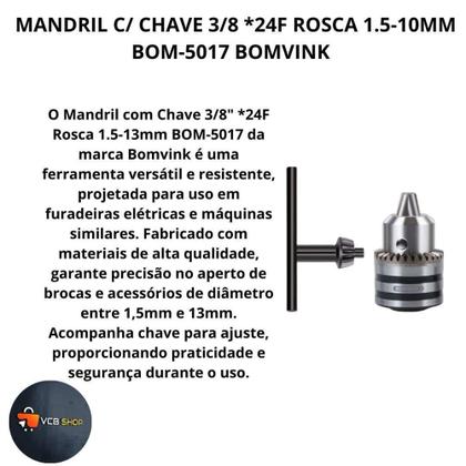 Imagem de Mandril c/ chave furadeira 3/8 *24f rosca 1.5-13mm bom-5017 - BOMVINK