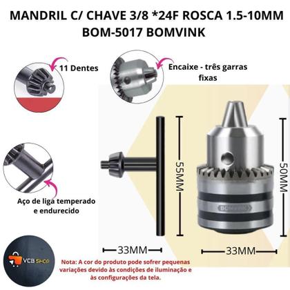 Imagem de Mandril c/ chave furadeira 3/8 *24f rosca 1.5-13mm bom-5017 - BOMVINK