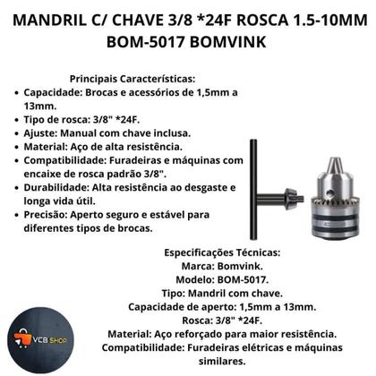 Imagem de Mandril c/ chave furadeira 3/8 *24f rosca 1.5-13mm bom-5017 - BOMVINK