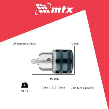 Imagem de Mandril Furadeira Cone B16 16mm de Chave Manual - Mtx