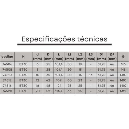 Imagem de mandril porta barra bt30 16 mm