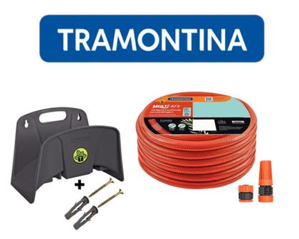Imagem de Mangueira Antitorção ATS 3 Camadas Kit Esguicho C/Suporte 25metros Tramontina