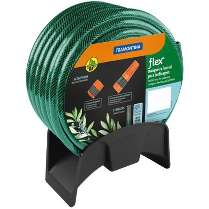 Imagem de Mangueira de Jardim Flexível Verde com Suporte Mural Esguicho e Engate Rosqueado com 15 Metros - 79322150 - TRAMONTINA