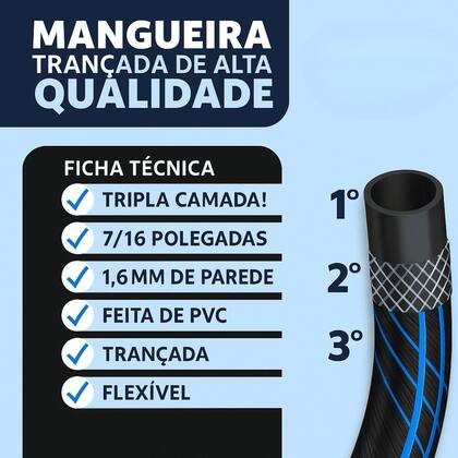 Imagem de mangueira de jardim trançada bicolor azul e preto reforçada 10 m 7/16 limpeza esguicho gatilho