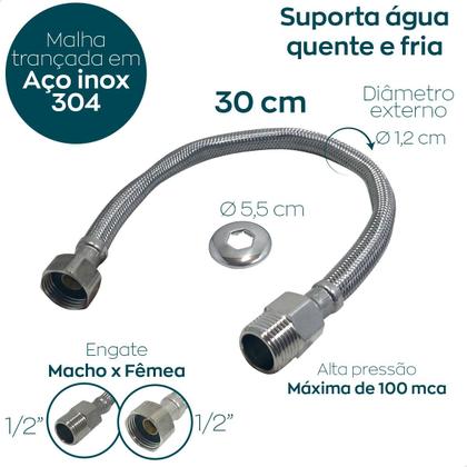 Imagem de Mangueira Engate Flexível 30cm Trançada Aço Inox 304 Rabicho Macho Femea Ligação Água Vaso Sanitário Caixa Acoplada Torneira Banheiro Lavanderia