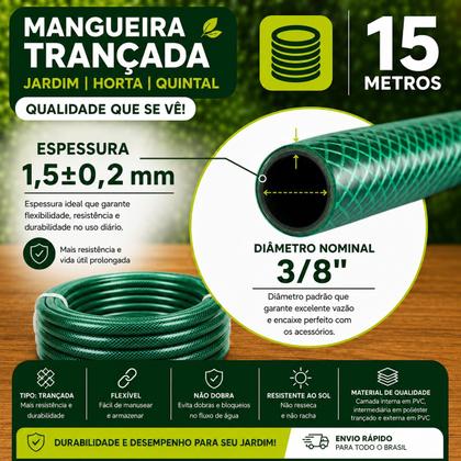 Imagem de Mangueira Jardim 15 Metros Com Esguicho Engate Trançada Reforçada Flexível Anti Dobra Irrigação Quintal Lavagem Durável