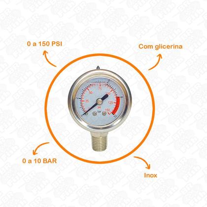 Imagem de Manômetro Inox Medição Pressão Água Com Glicerina 0 A 10 Bar