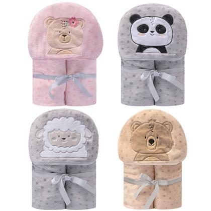 Imagem de Manta Cobertor Bebê Microfibra C/ Capuz Bordado 1.10x90cm Papi Friends