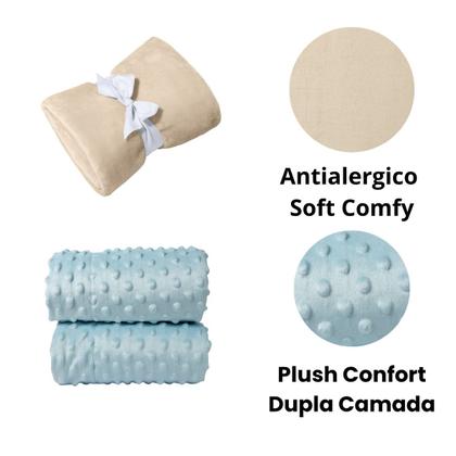 Imagem de Manta Cobertor Kit 3 pçs c/ 1 Comfy Bege 2 Pipoquinha Azul