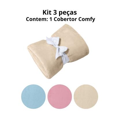Imagem de Manta Cobertor Kit 3 pçs c/ 1 Comfy Bege 2 Pipoquinha Azul