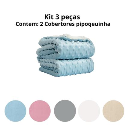 Imagem de Manta Cobertor Kit 3 pçs c/ 1 Comfy Bege 2 Pipoquinha Azul
