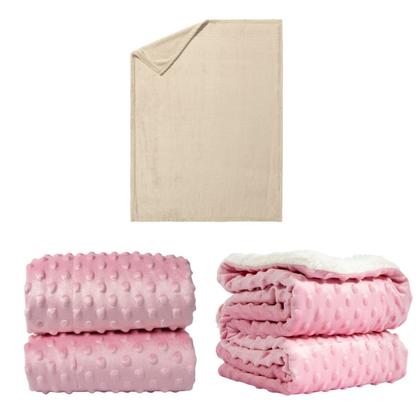 Imagem de Manta Cobertor Kit 3 pçs c/ 1 Comfy Bege 2 Pipoquinha Rosa