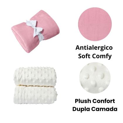 Imagem de Manta Cobertor Kit 3 pçs c/ 1 Comfy Rosa 2 Pipoquinha Branco