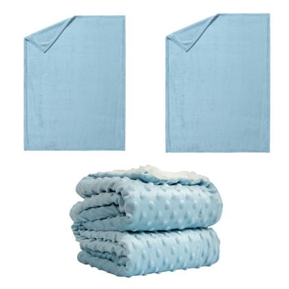 Imagem de Manta Cobertor Kit 3 pçs c/ 2 Comfy Azul e 1 Pipoquinha Azul