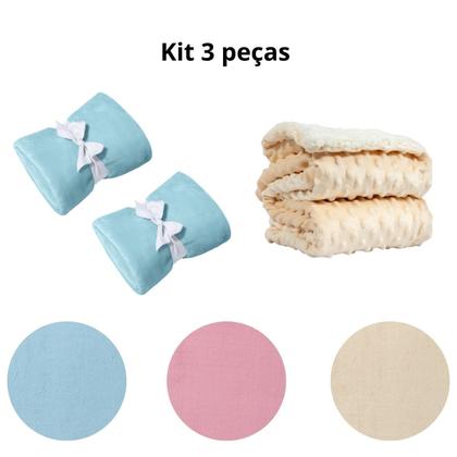Imagem de Manta Cobertor Kit 3 pçs c/ 2 Comfy Azul e 1 Pipoquinha Bege