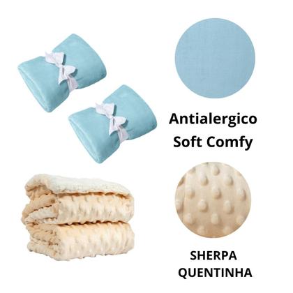 Imagem de Manta Cobertor Kit 3 pçs c/ 2 Comfy Azul e 1 Pipoquinha Bege