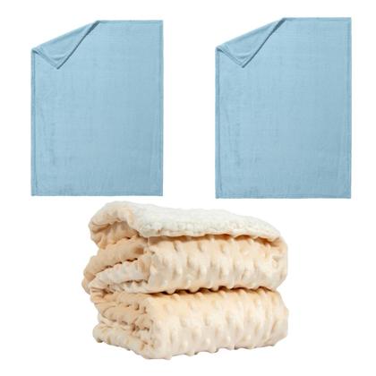 Imagem de Manta Cobertor Kit 3 pçs c/ 2 Comfy Azul e 1 Pipoquinha Bege