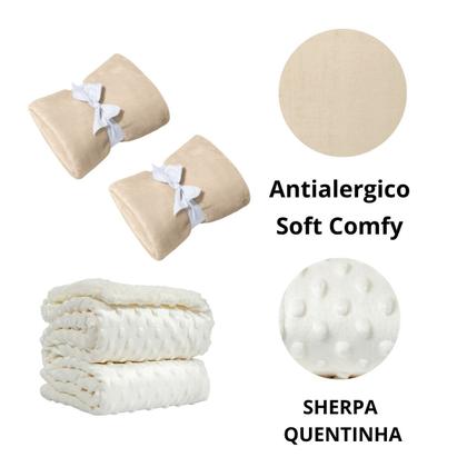 Imagem de Manta Cobertor Kit 3 pçs c/ 2 Comfy Bege 1 Pipoquinha branco