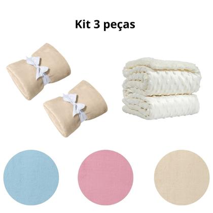 Imagem de Manta Cobertor Kit 3 pçs c/ 2 Comfy Bege 1 Pipoquinha branco