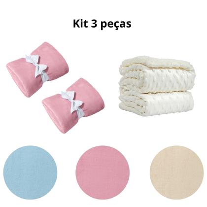 Imagem de Manta Cobertor Kit 3 pçs c/ 2 Comfy Rosa 1 Pipoquinha Branco