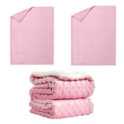 Imagem de Manta Cobertor Kit 3 pçs c/ 2 Comfy Rosa 1 Pipoquinha Rosa