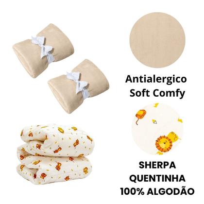 Imagem de Manta Cobertor Kit 3 pçs com 2 Comfy Marfim 1 Edredom Leão