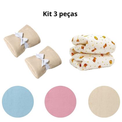 Imagem de Manta Cobertor Kit 3 pçs com 2 Comfy Marfim 1 Edredom Leão