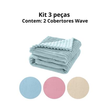 Imagem de Manta Cobertor Kit 3 peças com 1 Comfy Marfim 2 Wave Azul