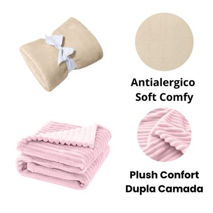 Imagem de Manta Cobertor Kit 3 peças com 1 Comfy Marfim 2 Wave Rosa