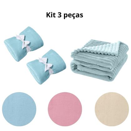 Imagem de Manta Cobertor Kit 3 peças com 2 Comfy Azul 1 Wave Azul