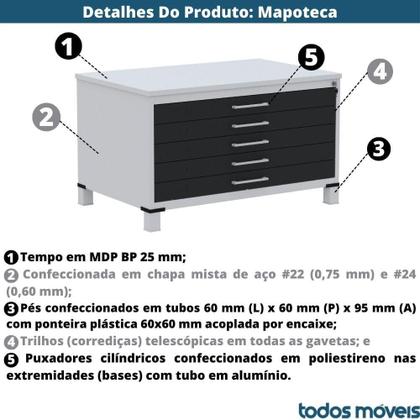 Imagem de Mapoteca 5 Gavetas Pandin 120 cm (Larg) Inmetro Tampo MDP Cinza Estrutura e Gavetas em Aço Cinza