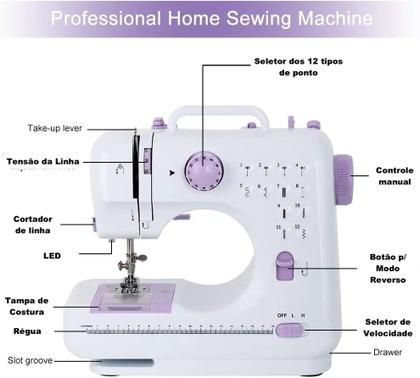 Imagem de Máquina De Costura Portátil Elétrica Com Pedal 110V 12 Pontos Doméstica Tecidos Leves e Médios