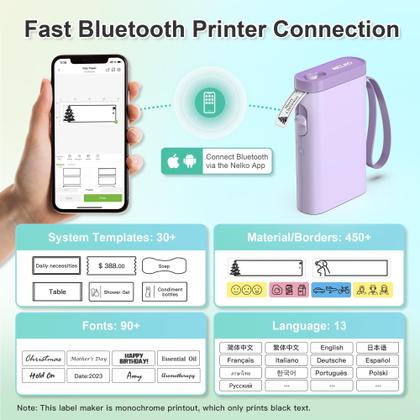 Imagem de Máquina de fazer etiquetas Nelko com fita, impressora de etiquetas Bluetooth P21, mini etiquetadoras sem fio com vários modelos para organizar o escritório e a casa, roxa