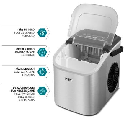Imagem de Máquina De Gelo Portátil Turbo Ice Philco Inox 12 Kg